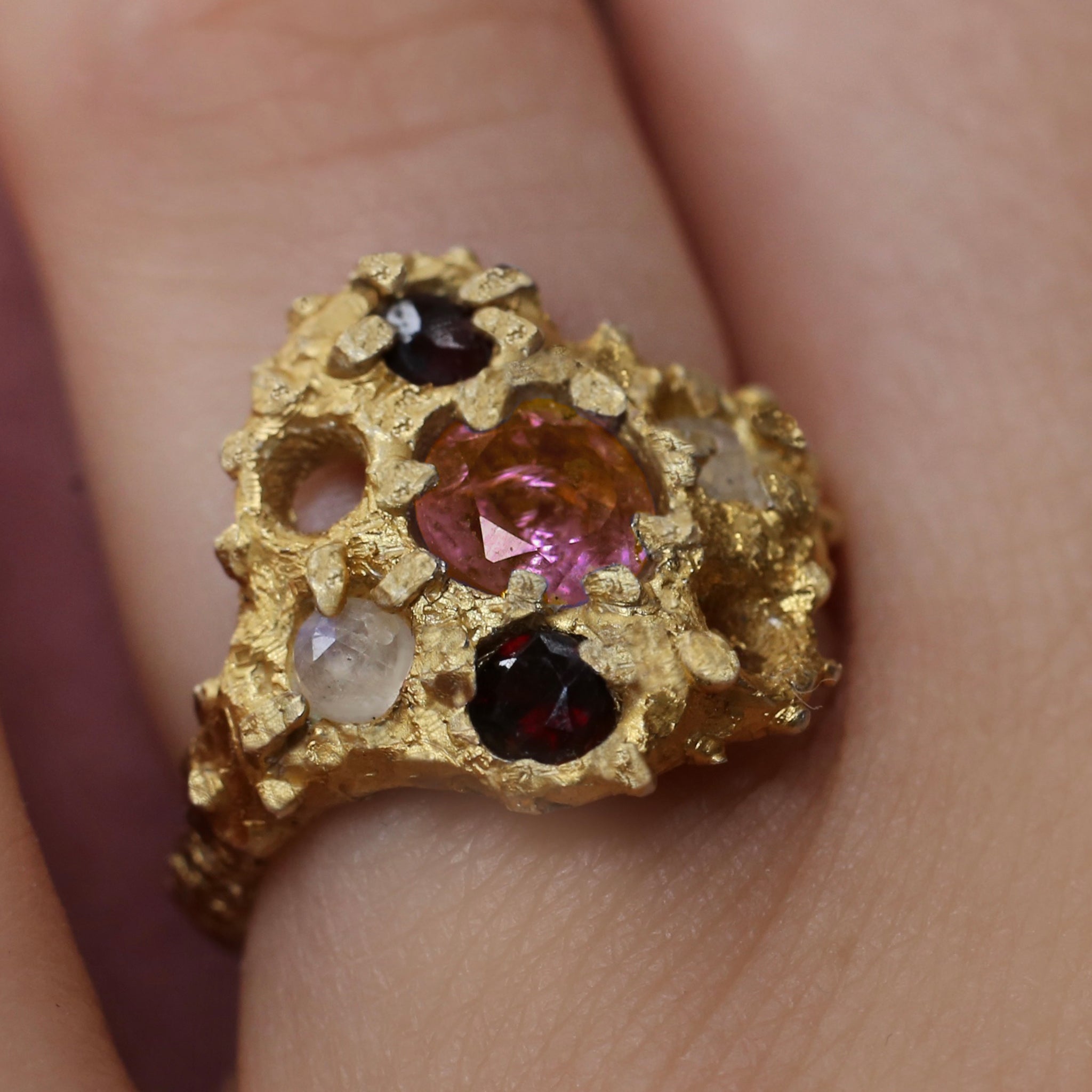 Anise Ring with Garnets, Moonstones & Tourmaline